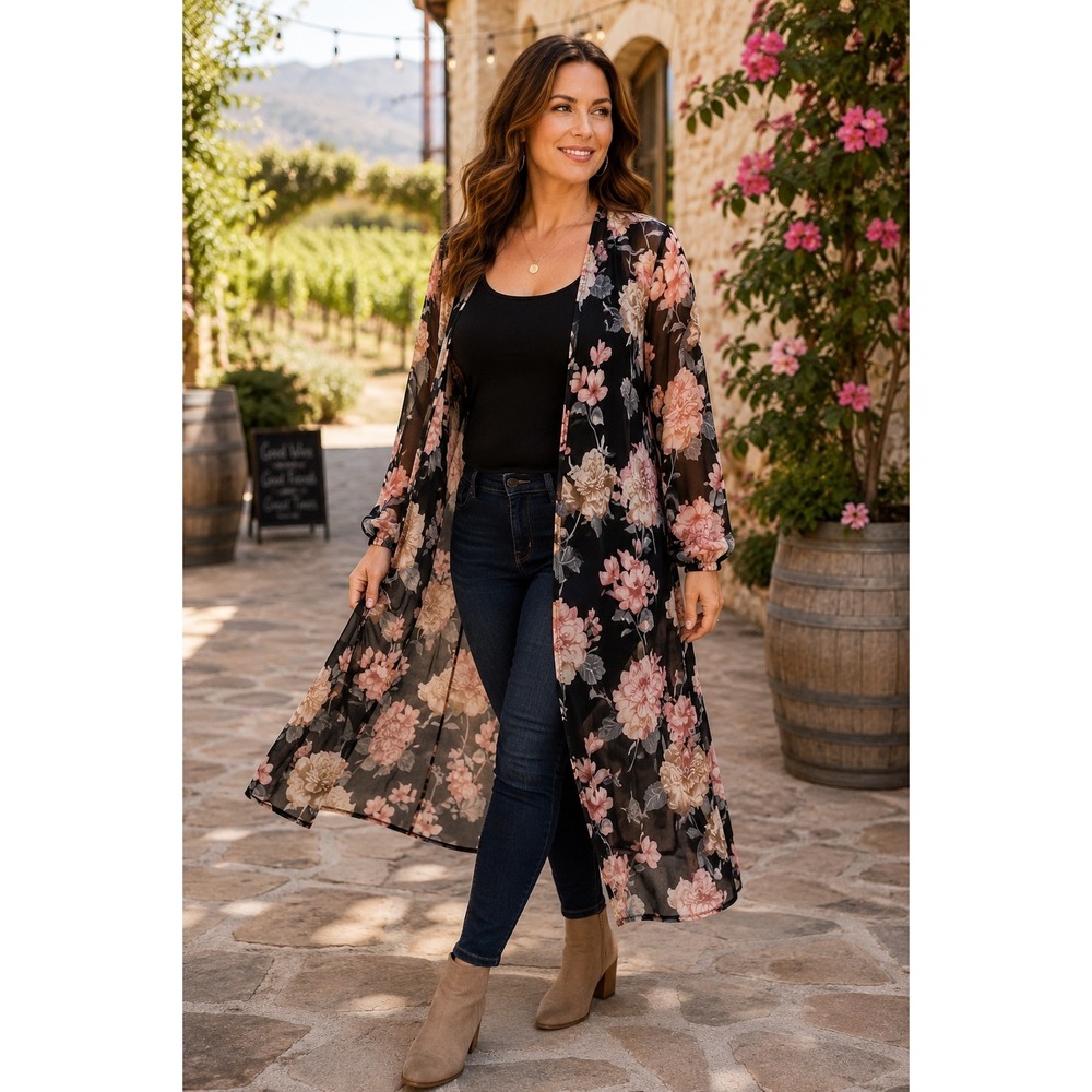 A3 Design Womens Floral Mesh Duster Cardigan Black Pink Maxi Kimono SET848-1 L